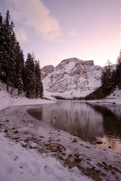 Winter Landscape At Lake Of Braies Stock Image Image Of Dolomites