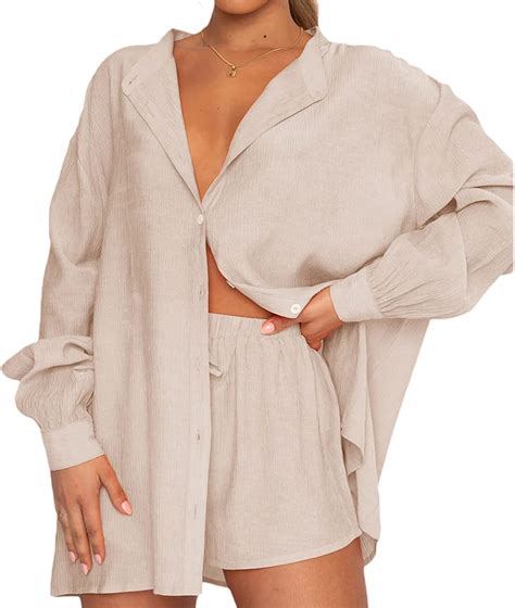 Femereina Women S 2 Piece Casual Tracksuit Outfit Sets Stripe Long Sleeve Cotton Linen Shirt