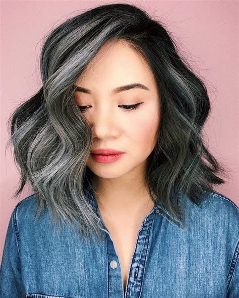 This Black Layered Lob With Big Soft Waves And Smoky Grey Balayage Highlights Is A Great Cut For