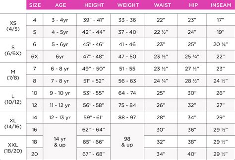 14-16 Girl Clothes Conversion Chart
