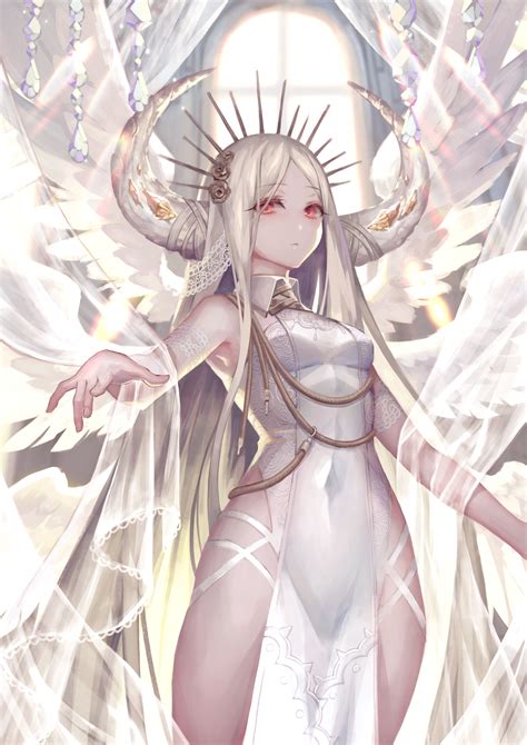 However the combed back long hair as in this example tends to be common to males. Wallpaper : angel, horns, anime girls, white hair, long hair, looking at viewer, red eyes ...