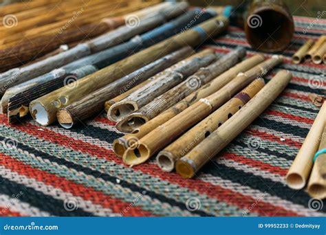 Ethnic Woodwind Flutes Wooden Musical Instruments Handmade Stock Image