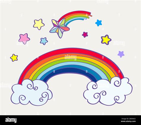 Hand Drawn Cartoon Rainbow Clouds And Falling Stars Abstract Fairy