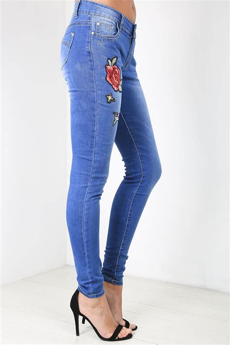 Women Ladies Flower Floral Red Rose Embroidered Skinny Trousers Pant Denim Jeans Ebay