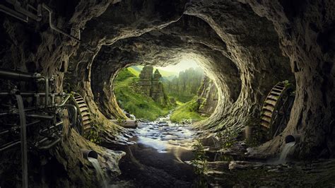 Download 2560x1440 Wallpaper Heaven Tunnel Cave River Water Current Dual Wide Widescreen