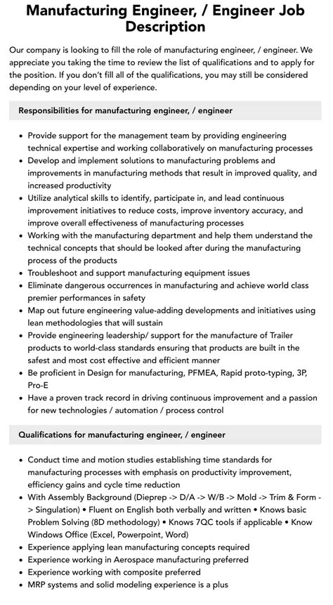 Manufacturing Engineer Engineer Job Description Velvet Jobs