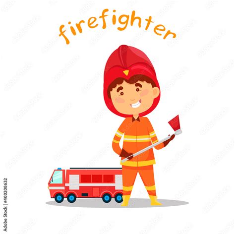Cute Kid Playing Firefighter Fire Truck And Cartoon Character