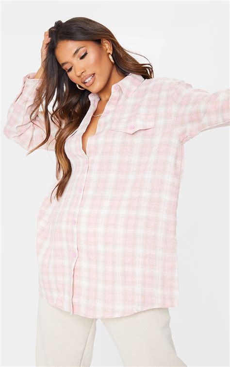 pale pink checked oversized pocket detail shirt prettylittlething aus