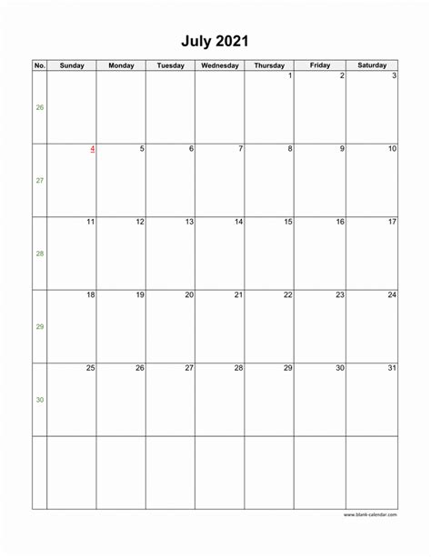 Download July 2021 Blank Calendar Vertical