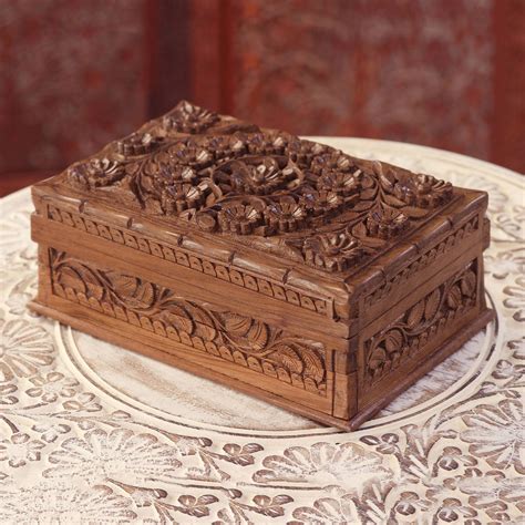 Hand Carved Walnut Wood Jewelry Box From India Blossoms Of Kashmir