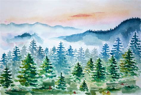 Watercolor Forest And Mountains Landscape Hand Drawn Painting Of