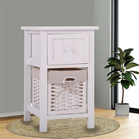 Not available for pickup and same day delivery. Topcobe Night Stand with Drawer and Wicker Basket, White ...