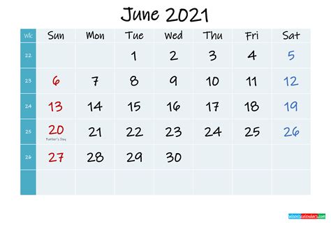 Printable Calendar June 2021 Template K21m318