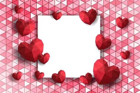 Valentines Day Frame With Polygon Hearts On Geometric Background