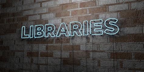 Libraries Glowing Neon Sign On Stonework Wall 3d Rendered Royalty