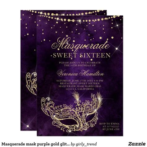 masquerade mask purple gold glitter sweet 16 invitation zazzle sweet 16 invitations sweet