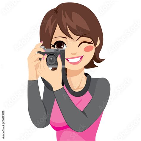 Beautiful Happy Smiling Photographer Woman Taking Photo Using Old Retro