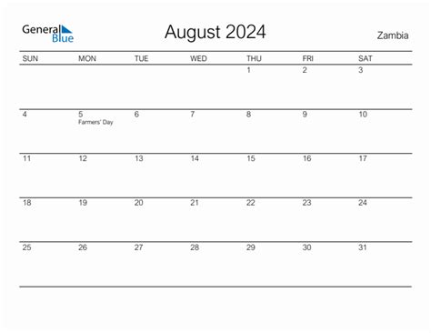 Printable August 2024 Monthly Calendar With Holidays For Zambia