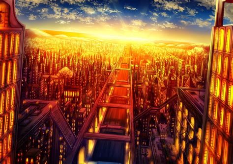 Anime Cityscape Sunset Clouds Buildings Skyscrapers Anime Hd