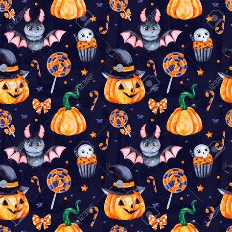 Cute Halloween Icons Pumpkins Candy Bats Jack O Lanterns Watercolor