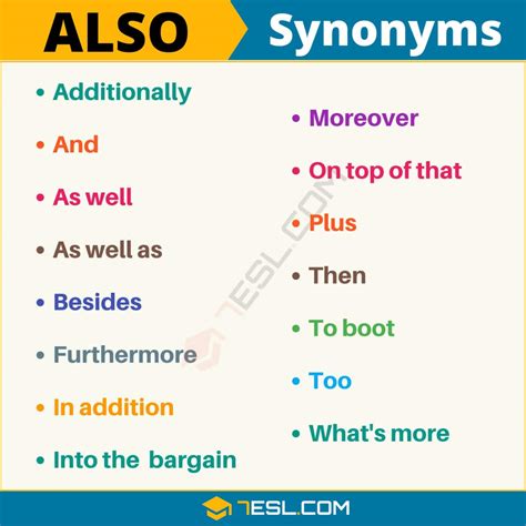 Another Word For Also List Of 50 Synonyms For Also 7esl