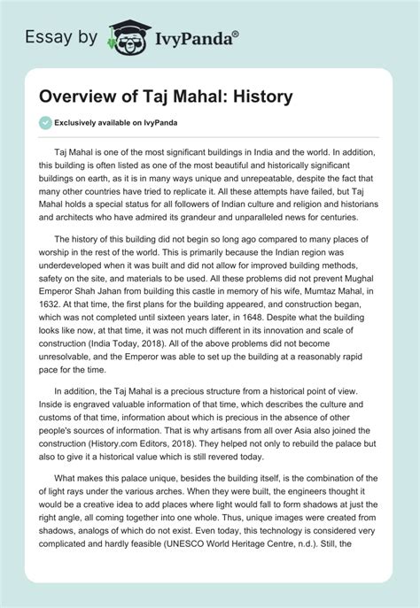 Overview Of Taj Mahal History 1489 Words Essay Example