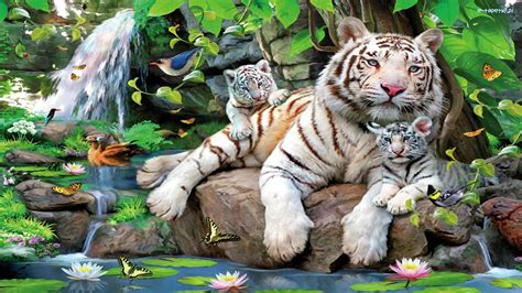 Tygryski Tygrysica Biała Dwa Roślinność Kamienie