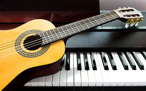 Download Wallpapers 4k Piano Guitar Musical Instruments Close Up For Desktop With Resolution