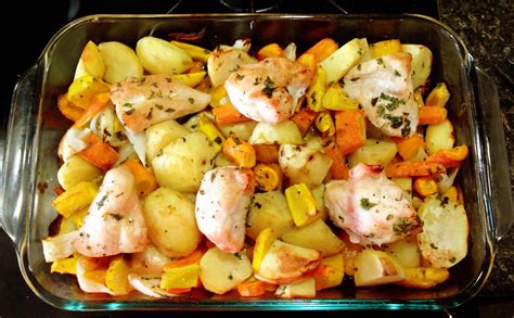 The chicken was great for salads or pastas later but as a main dish not too exciting. Baked chicken, potatoes, carrots and herbs from the ...