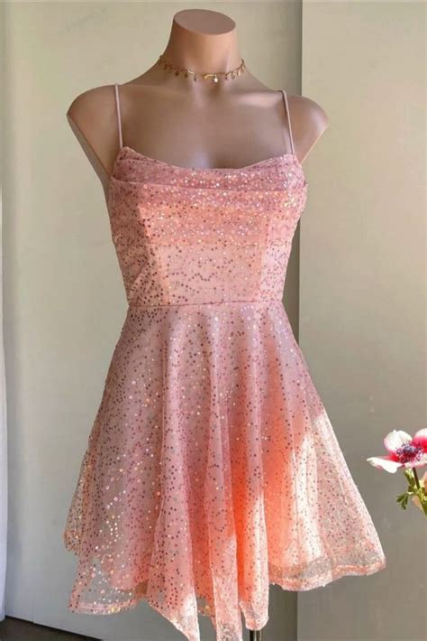 Cowl Neck Pink Sequined Tulle Short Party Dress Short Sparkly Dresses