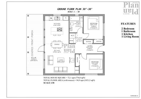 Cabin Floor Plan 2 Bed 1 Bath 30x30 Modern House Plan 721 Sqm Etsy