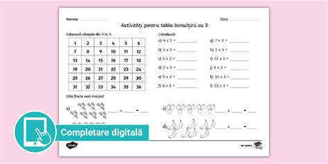 Tabla înmulțirii Cu 3 Fișă Cu Completare Digitală