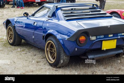 Rear Side View Of A Blue Lancia Stratos Hf Stradale Classic Italian