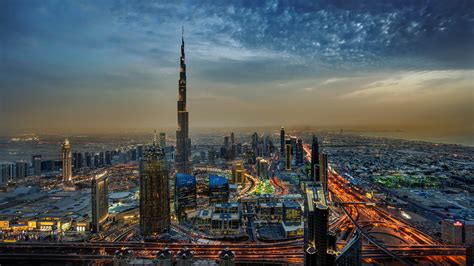 Download 2560x1440 Wallpaper Burj Khalifa Dubai City Night Buildings Aerial View Dual Wide