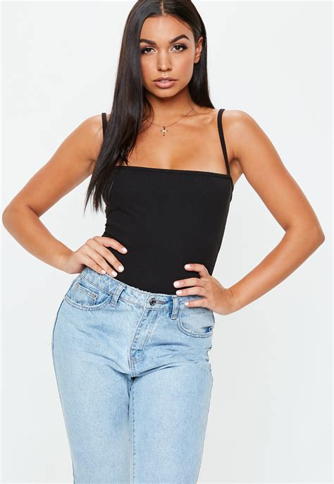 Lyst Missguided Black Straight Neck Strappy Ribbed Bodysuit In Black