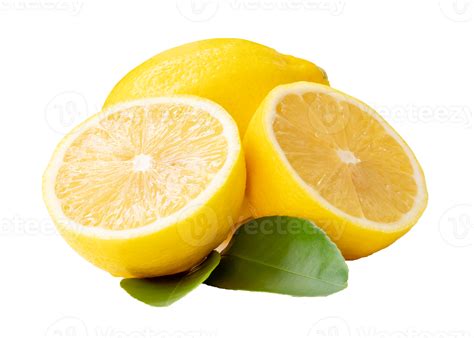 Single Whole Fresh Beautiful Yellow Lemons With Two Halves And Leaves