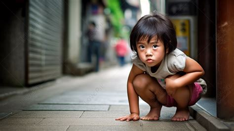 An Asian Girl Kneeling Near A Sidewalk Sidewalks Backgrounds Girls Backgrounds Near