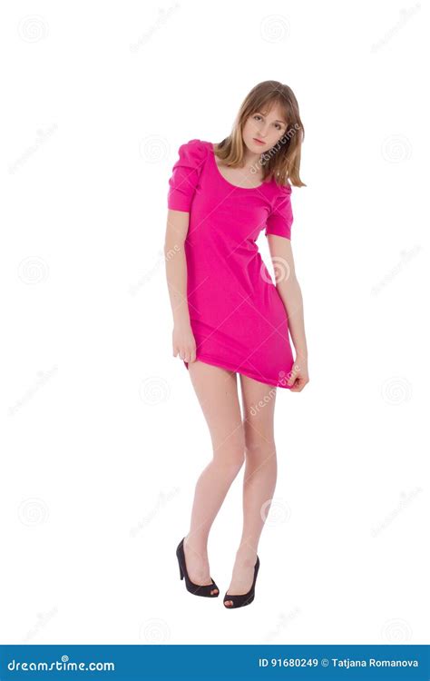 Beautiful Young Shy Woman Wearing A Pink Dress Stock Image Image Of
