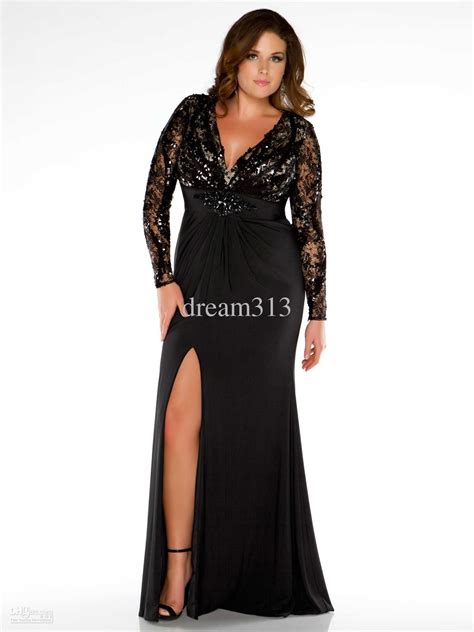 Black Long Sleeve Sheath Plus Size Prom Dress V Neck Lacechiffon