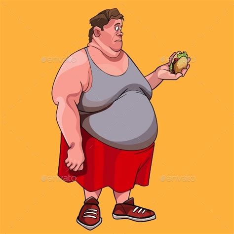 Cartoon Obese Man Looks At Hamburger In His Hand In By Westamult