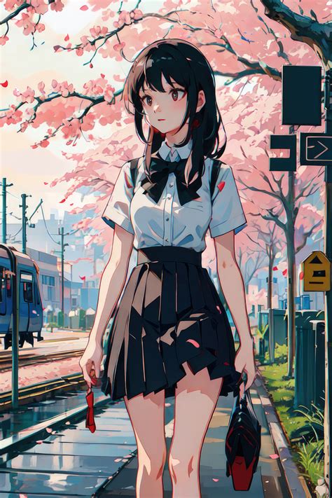 640x960 Anime Girl Cherry Blossom Train Looking Away 4k Iphone 4