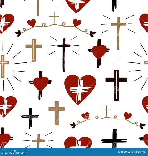 Seamless Christian Colorful Pattern With Crosses And Hearts Stock