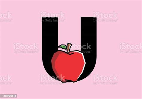 U Initial Letter With Red Apple In Stiff Art Style Stock Illustration
