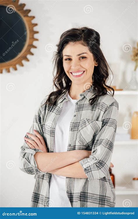 Woman In Grey Shirt Smiling Stock Photo Image Of Checkered Clothes
