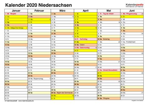 Kalender 2020 Niedersachsen Ferien Feiertage Excel Vorlagen