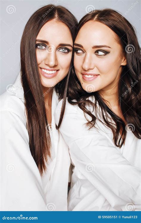 Two Sisters Twins Posing Making Photo Dressed Stock Image Image Of Happy Caucasian 59505151