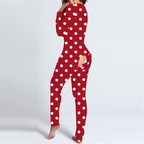 Purcolt Womens Sexy Print Onesies Butt Flap Pajamas Ladies Deep V Neck Long Sleeve Button Down