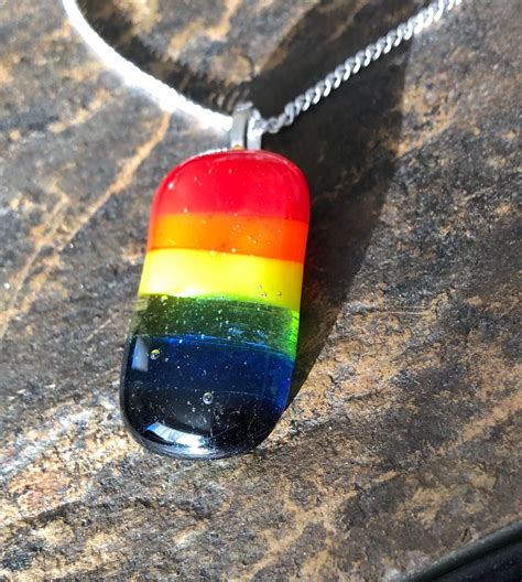 Colorful Rainbow Fused Glass Pendant With Curb Chain Necklace Etsy Fused Glass Pendant