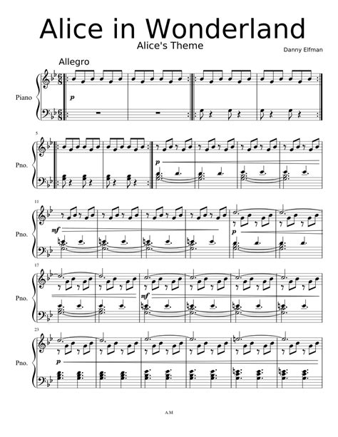 Alice In Wonderland Sheet Music For Piano Solo