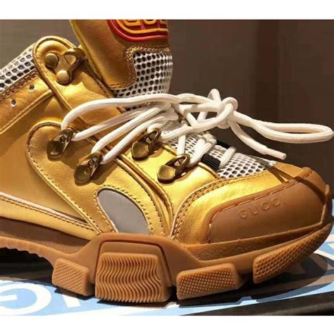 Gucci Unisex Flashtrek Sneaker In Gold Metallic Leather 56 Cm Heel Lulux